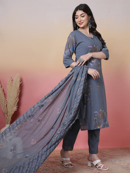 Women Coral Cotton Placement Printed Hand Work Kurta with Trouser & Dupatta