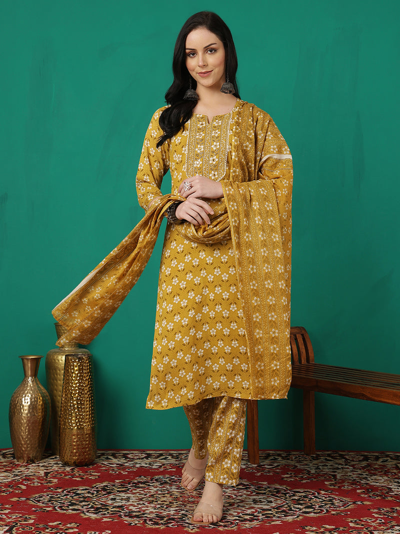 ANAISA Women Viscose Rayon Round Neck, Calf Length, Printed Kurta with Trouser & Dupatta