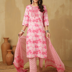 Women Pink Cotton Embroidery Kurta With Trouser & Dupatta