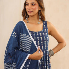 Women Indigo Blue Printed Anarkali Kurta with trousers & Dupatta
