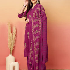 Women Pink Cotton Printed V-neck Straight Kurta with Trouser & Dupatta