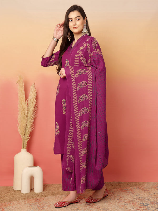 Women Pink Cotton Printed V-neck Straight Kurta with Trouser & Dupatta