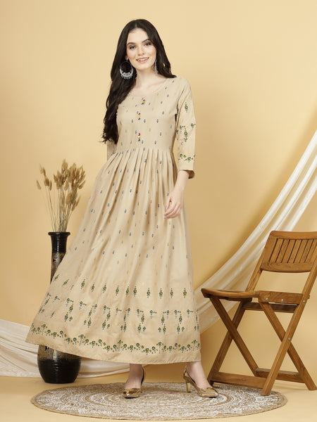 Women Beige Party wear maxi length ethnic gown dress