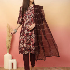 Women Wine Yoke Embroidery Kurta with Trouser & Dupatta