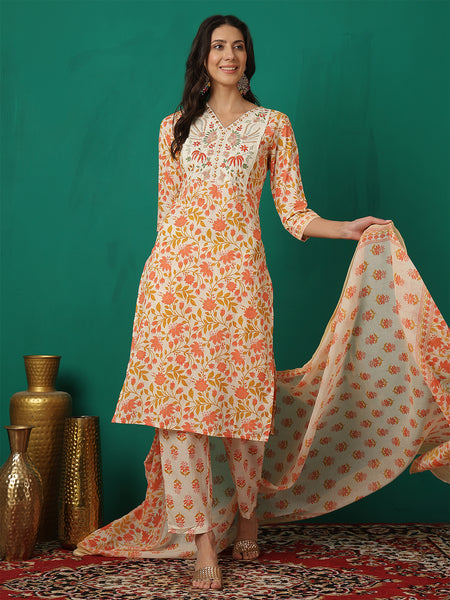 Women Orange Cotton Printed, V- Neck, 3/4 Sleeves, Calf Length Kurta with Trouser & Dupatta