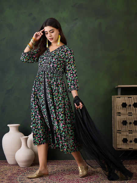Women Black & Green Floral Printed Ethnic Dress With Dupatta