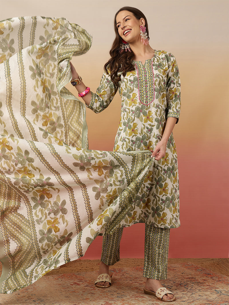 Women Olive Green Printed Yoke Embroidery Kurta with Trouser & Dupatta