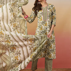 Women Olive Green Printed Yoke Embroidery Kurta with Trouser & Dupatta