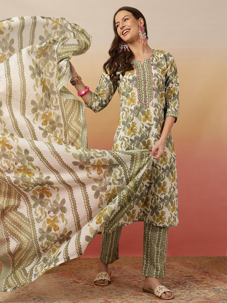 Women Olive Green Printed Yoke Embroidery Kurta with Trouser & Dupatta
