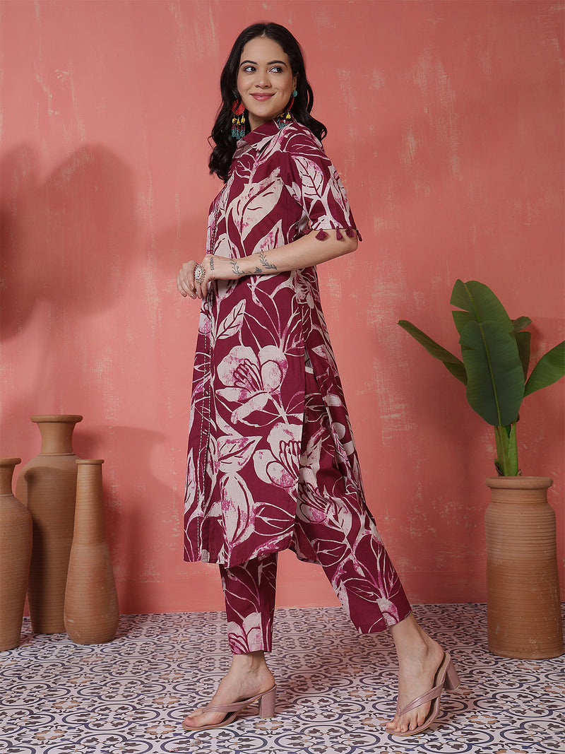 Women Purple Cotton Printed Kurta with Trouser Set