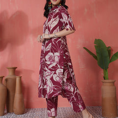Women Purple Cotton Printed Kurta with Trouser Set