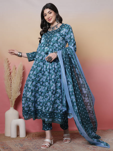 Women Blue Cotton Printed Anarkali Hand work Yoke with Trouser & Dupatta