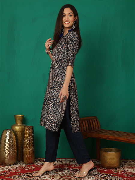 Women Navy Blue Foil Printed Kurta With Trouser