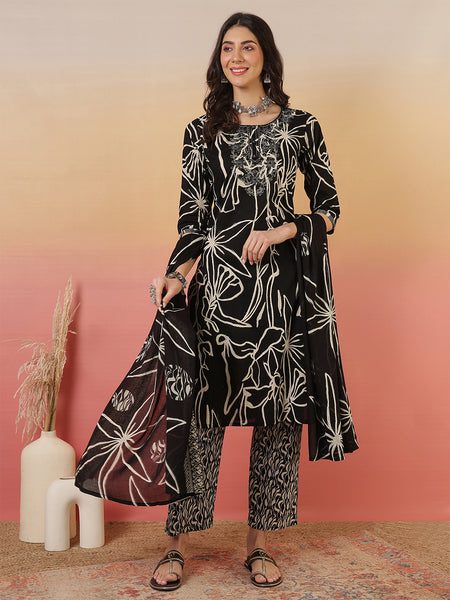 Women Abstract Printed Black Kurta with Trouser & Dupatta