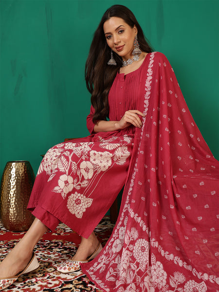 Women Rani Pink Cotton Discharge Printed A-line Kurta With Dupatta
