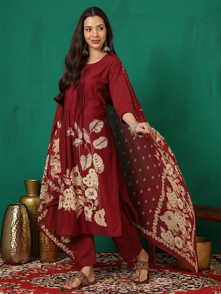 Women Cotton Discharge Printed A-line Kurta with Dupatta