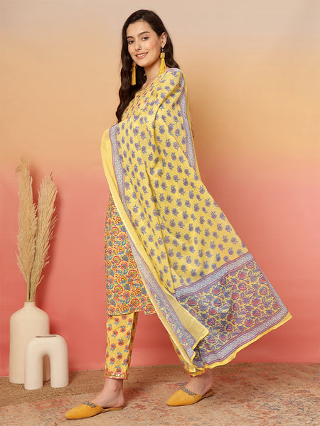 ANAISA Women Mustard Cotton Printed Round Neck, Calf Length, 3/4 Sleeves, Straight Kurta with Pant & Dupatta