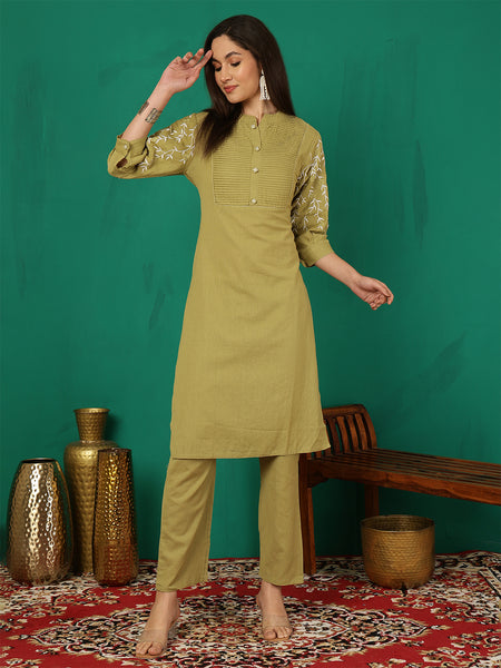 Women Olive Green Solid Embroidery Cotton Flex Kurta with Trouser