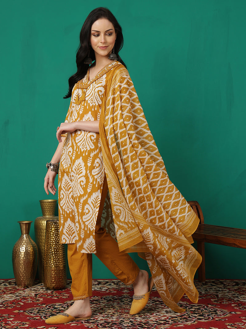 Sangira Women Cotton Printed V-neck, Straight Kurta with Trouser & Dupatta