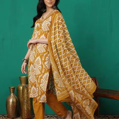 Sangira Women Cotton Printed V-neck, Straight Kurta with Trouser & Dupatta