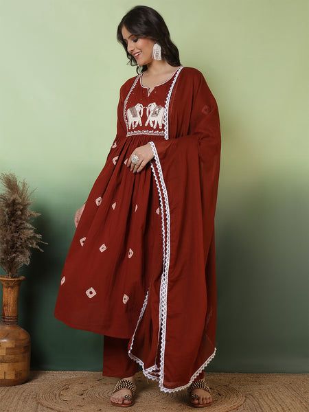 Women Cotton Rust Anarkali Embroidery Kurta with Trouser & Dupatta
