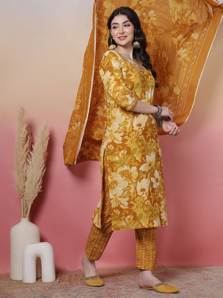 Women Blue Cotton Printed Hand Work Yoke Kurta with Trouser & Dupatta