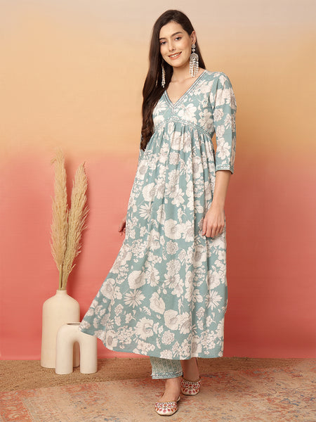 ANAISA Women Cotton Light Blue Floral Printed V-neck,Calf Length  Anarkali Kurta with Pant