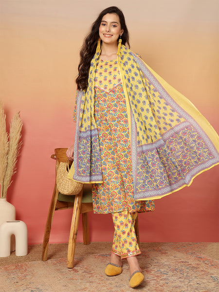 ANAISA Women Mustard Cotton Printed Round Neck, Calf Length, 3/4 Sleeves, Straight Kurta with Pant & Dupatta