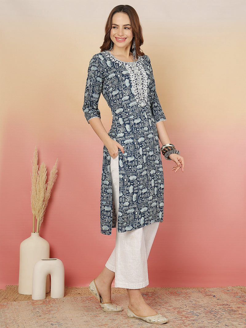 Women Grey Viscose Rayon Printed Regular Kurta