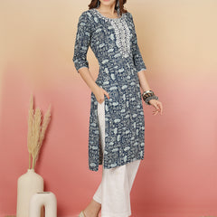 Women Grey Viscose Rayon Printed Regular Kurta