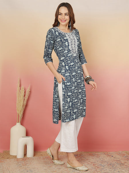 Women Grey Viscose Rayon Printed Regular Kurta