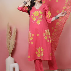 Women Coral Cotton Placement Printed Hand Work Kurta with Trouser & Dupatta