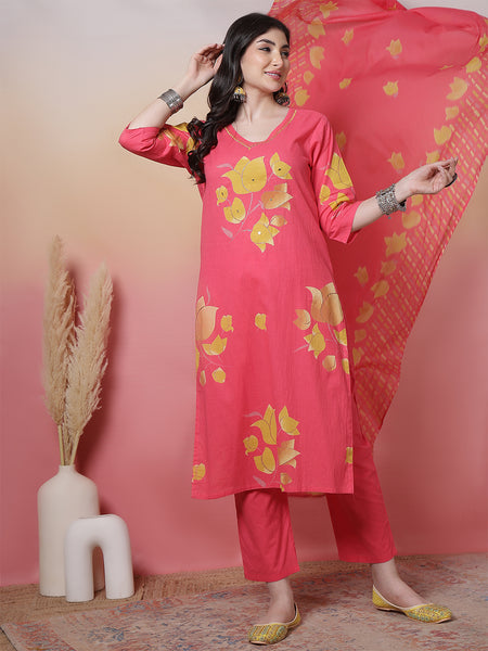 Women Coral Cotton Placement Printed Hand Work Kurta with Trouser & Dupatta