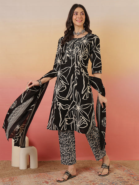 Women Abstract Printed Black Kurta with Trouser & Dupatta