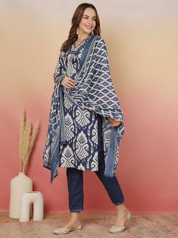 Sangira Women Cotton Printed V-neck, Straight Kurta with Trouser & Dupatta