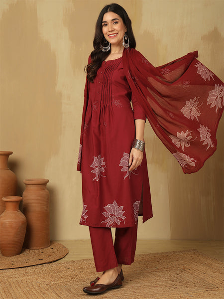 Women Red Cotton Discharge Printed A-line Kurta with Trouser & Dupatta