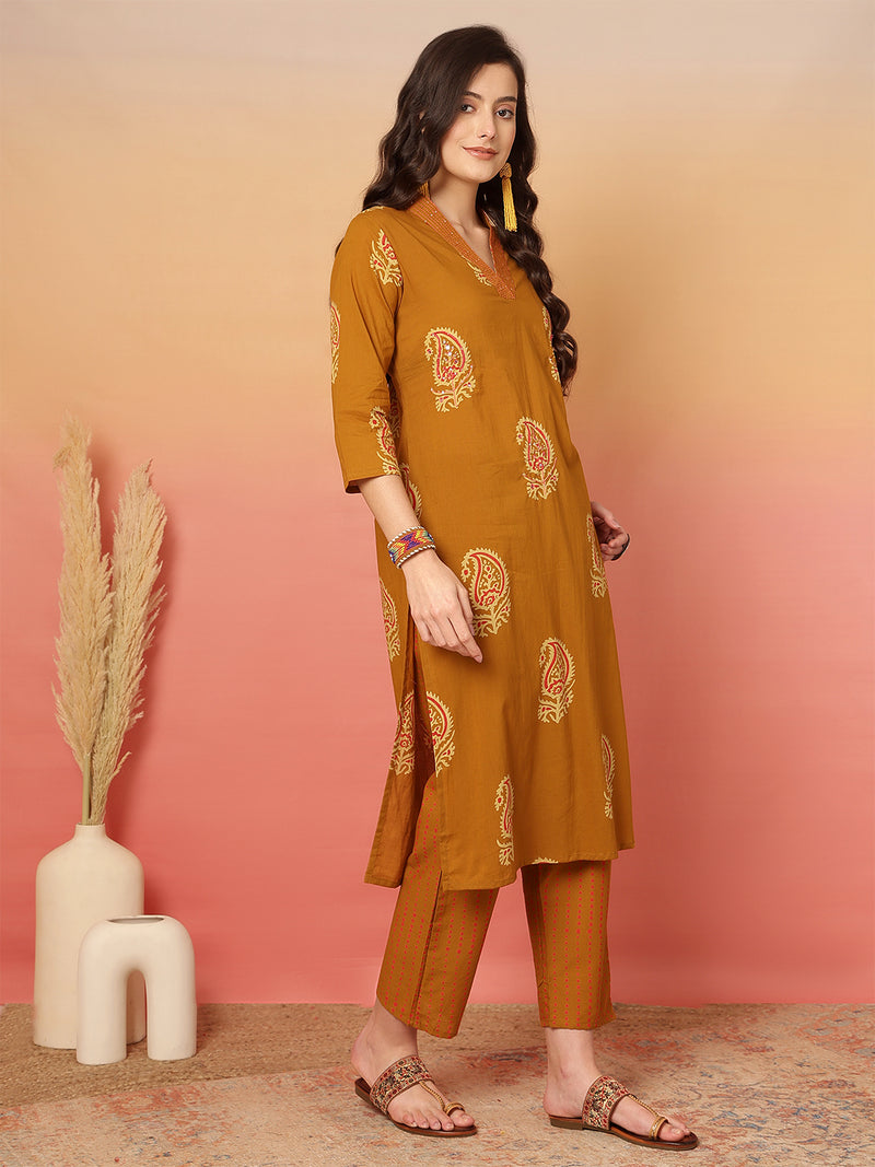 Women Mustard Cotton Printed V-neck Straight Kurta with Trouser & Dupatta