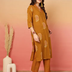 Women Mustard Cotton Printed V-neck Straight Kurta with Trouser & Dupatta