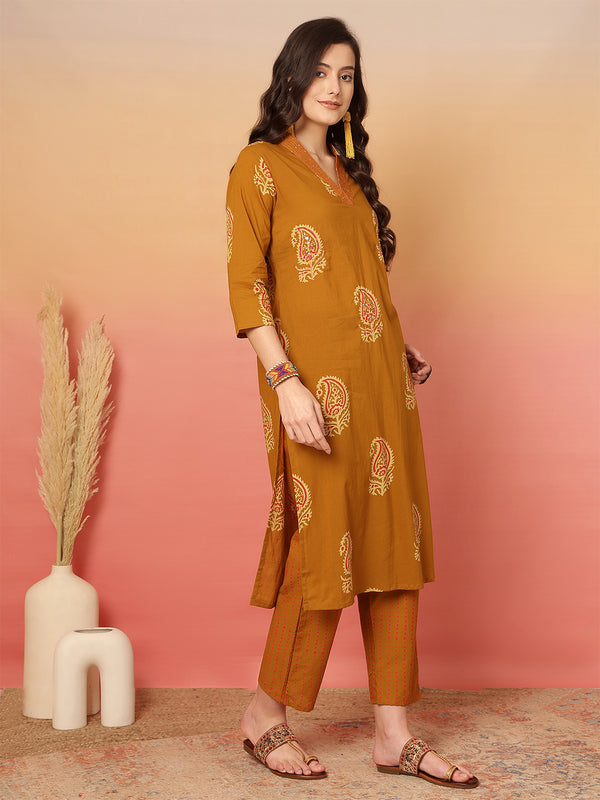 Women Mustard Cotton Printed V-neck Straight Kurta with Trouser & Dupatta
