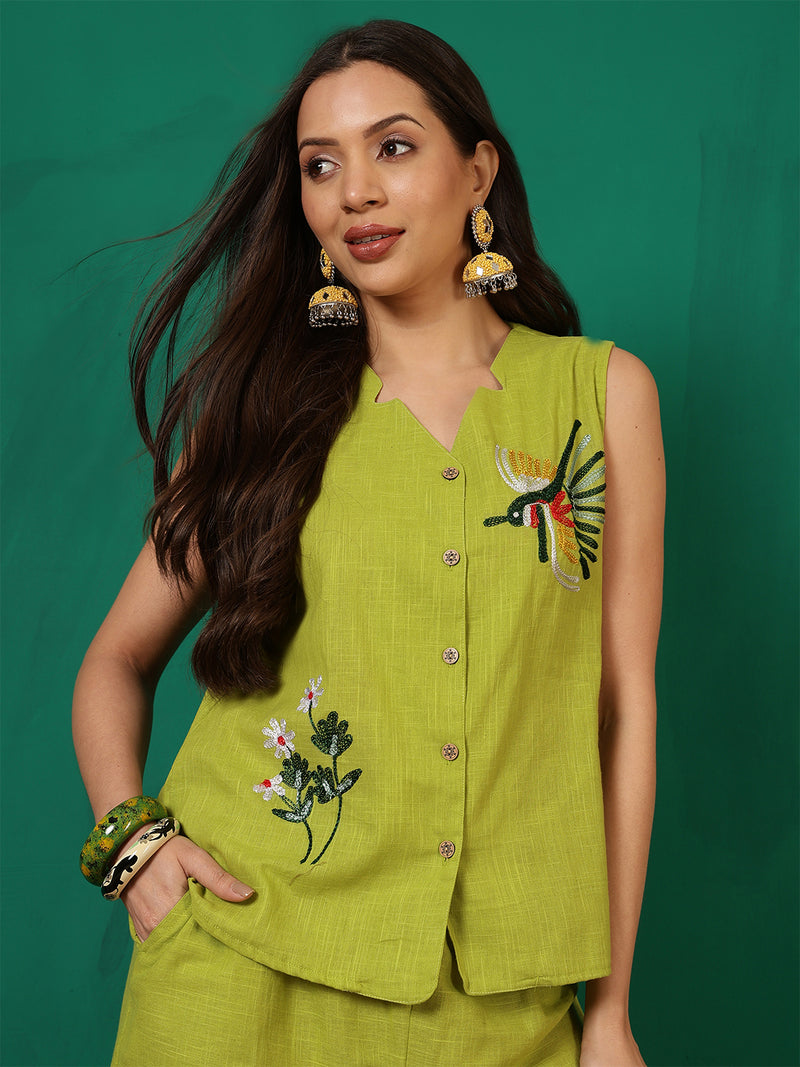 Women Cotton Lime Green Embroidery Top with Trouser Co-ord Set