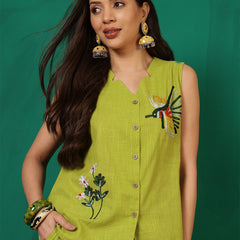 Women Cotton Lime Green Embroidery Top with Trouser Co-ord Set