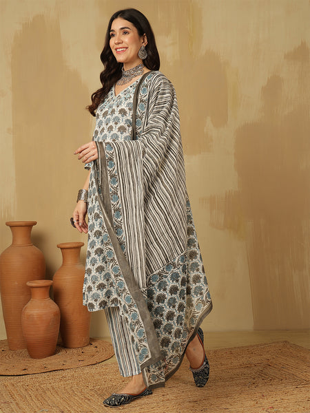 Women Cotton Printed Straight Kurta With Trouser & Dupatta
