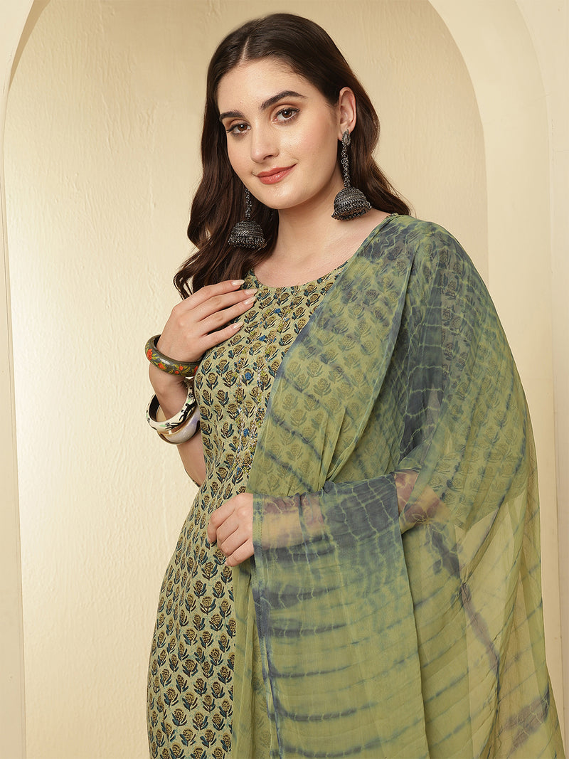 Women Cotton Printed Straight Kurta with Trouser & Dupatta