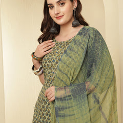 Women Cotton Printed Straight Kurta with Trouser & Dupatta