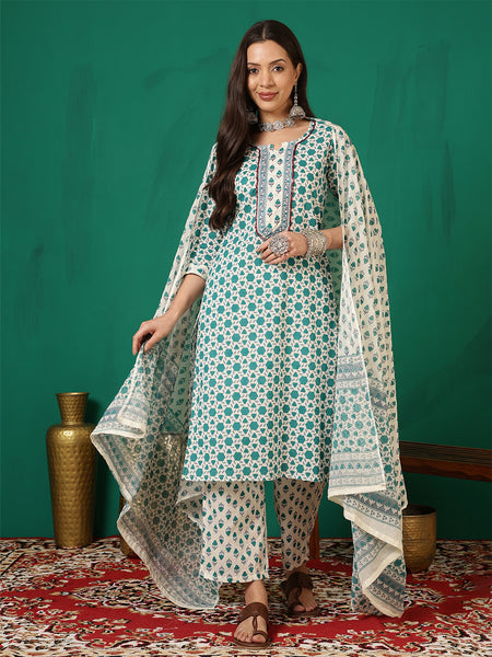 Women Cotton Light Blue Printed Kurta with Trouser & Dupatta