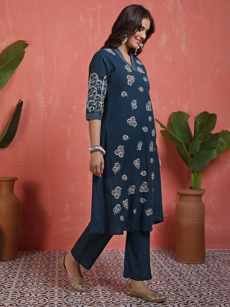 Women Cotton Flex Teal Figure Embroidery A-line Kurta with Trouser
