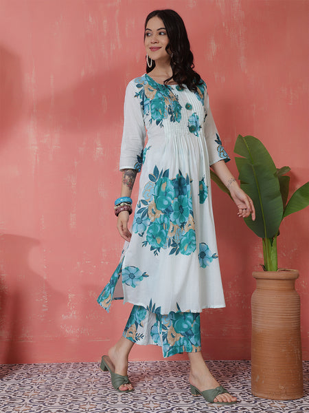 Women Blue Pure Cotton Floral Printed Kurta with Palazzo Set