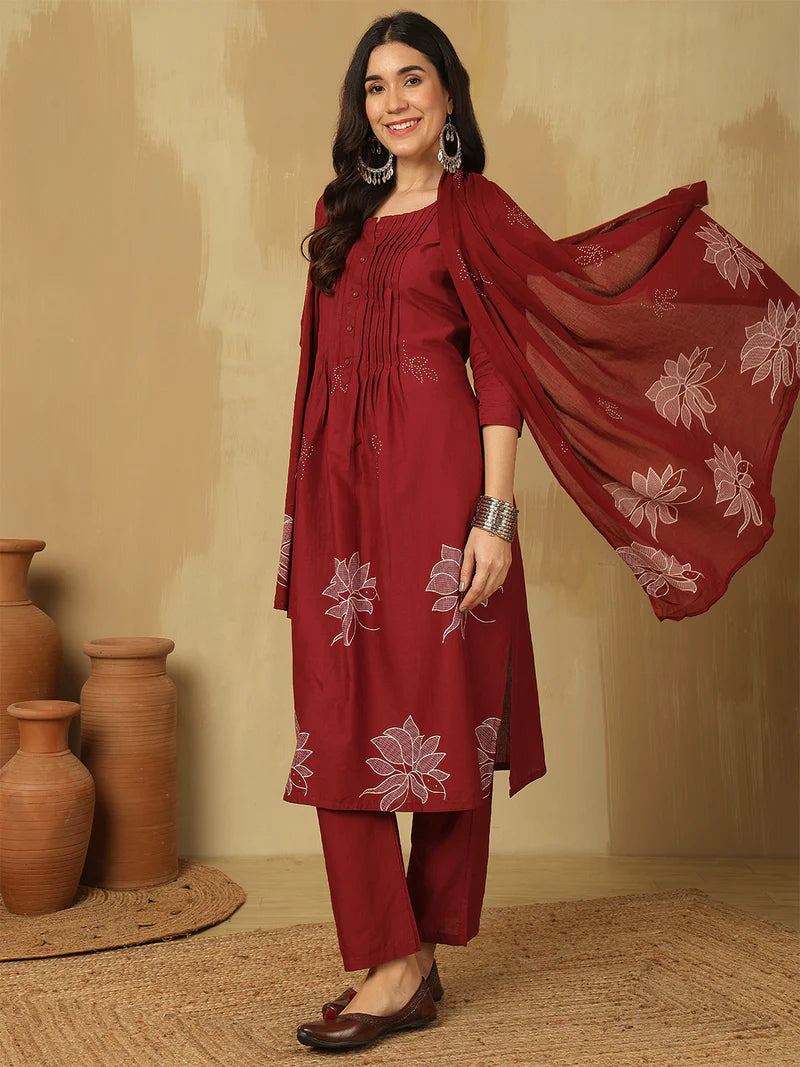 Women Cotton Discharge Printed A-line Kurta with Trouser & Dupatta