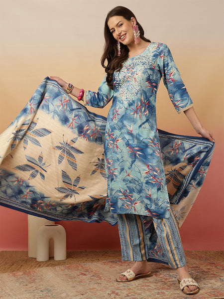 Women Blue Printed Yoke Embroidery Kurta with Trouser & Dupatta