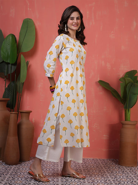 Women Cotton White & Orange Floral Printed A-line Kurta with Trosuer